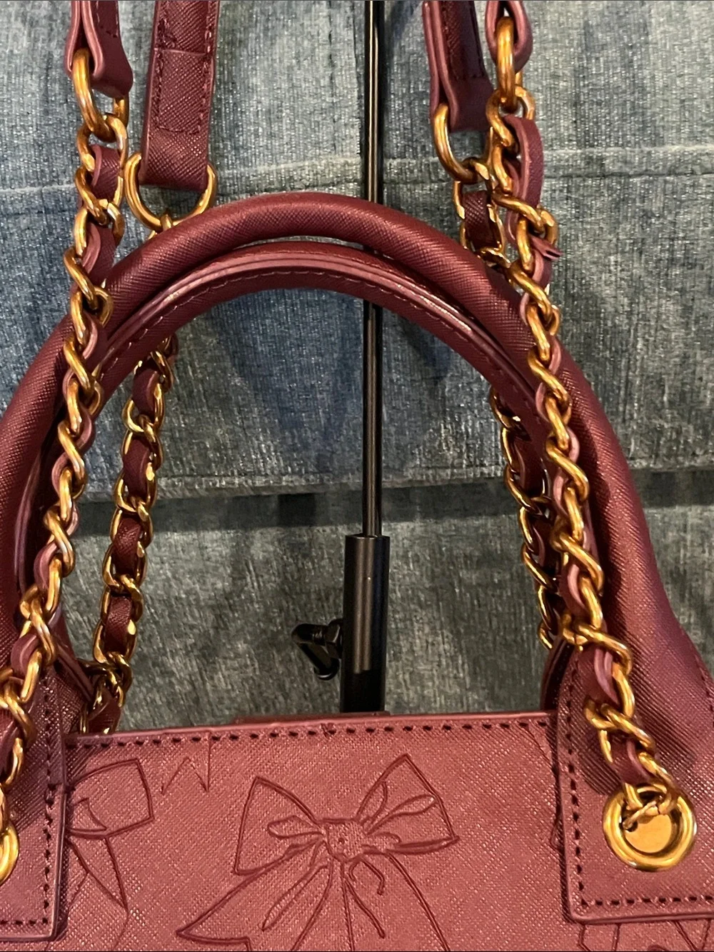 Betsey Johnson Maroon Embossed Bow Tote and Pouch with Gold Accents